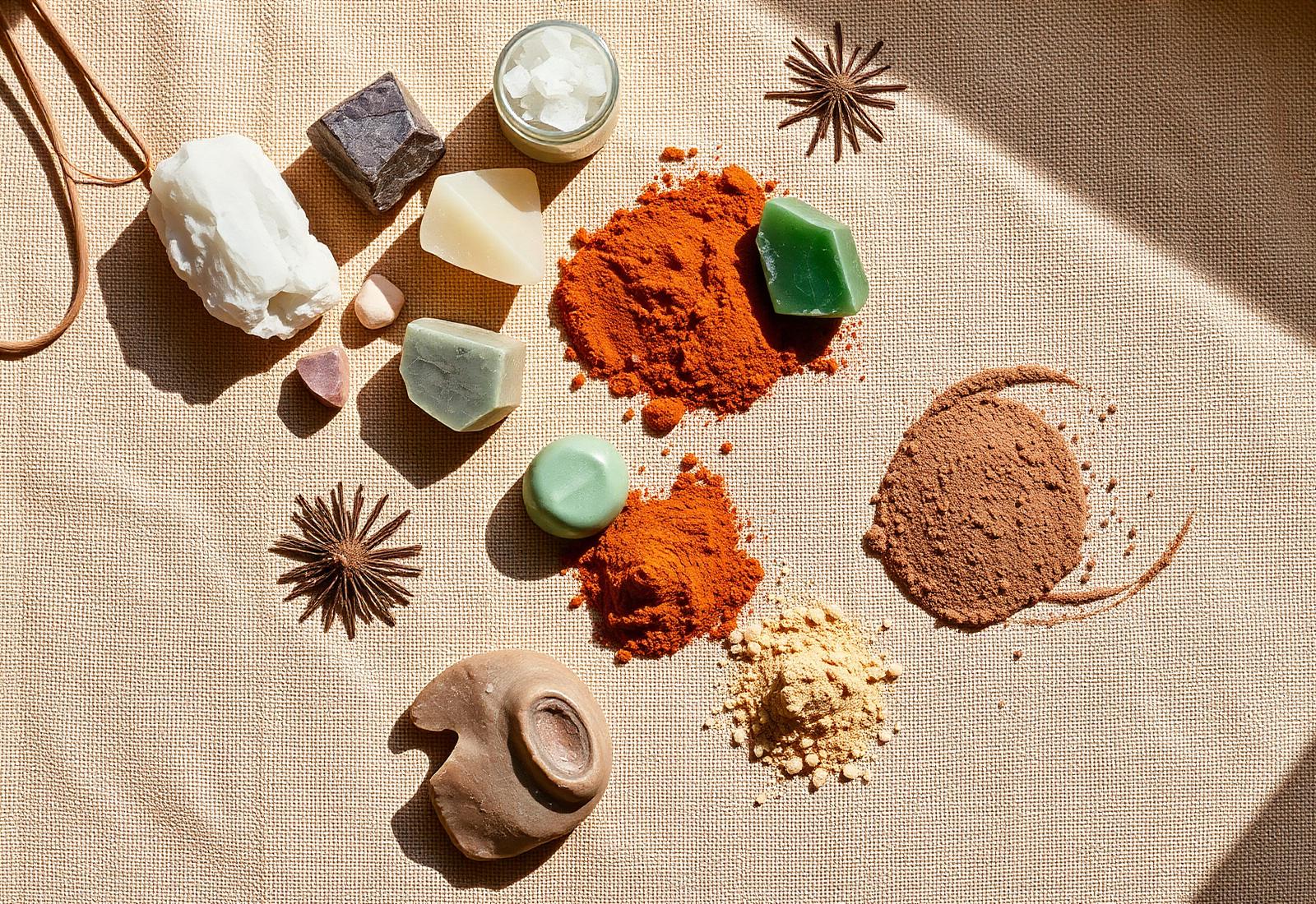 Minerals and earth-toned powders arranged on linen